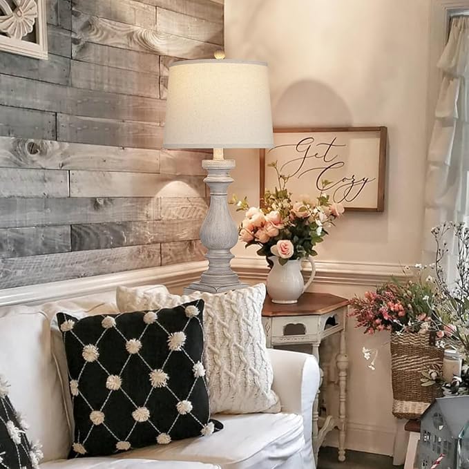 27.5" Farmhouse Table Lamp for Living Room Set of 2,Vintage Bedside Lamps with USB C+A Ports & AC Outlet,3-Way Dimmable Touch Control Gray Washed Finish Nightstand for Bedroom, Gray