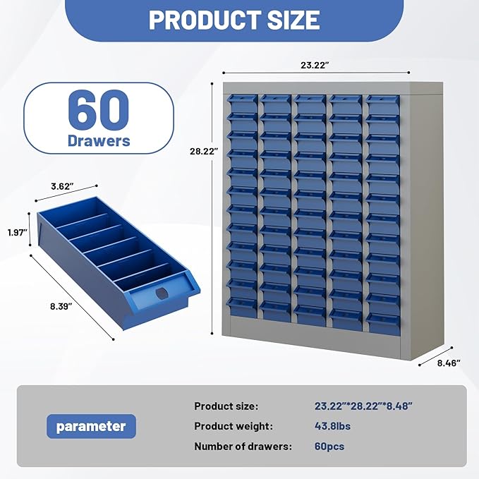 60-Drawer Parts Storage Cabinet, Multi-Purpose Organizer for Screws, Bolts, Nails, Craft Supplies, Legos, Tools, Compact Plastic Drawer Unit, Hardware Organizer for Garage, Workshop, Classroom