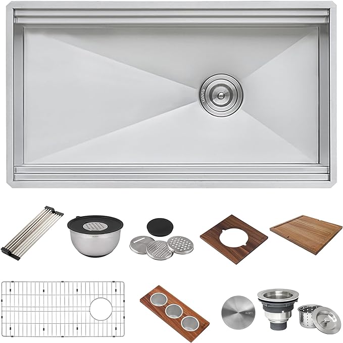 Ruvati 33-inch Undermount Workstation Kitchen Sink – 16 Gauge Stainless Steel kitchen Sink Single Bowl with Cutting Board & Accessories, Brushed Finish Hides Scratches – RVH8222