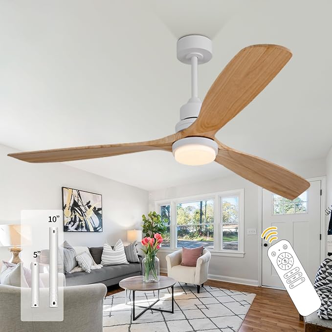 60 Inch Outdoor Natural Wood Ceiling fans with Lights and Remote, 3 Blades Wooden Dimmable Ceiling Fans,Noiseless Reversible DC Motor,Modern Fan for Patio,Living Room,Indoor,Farmhouse