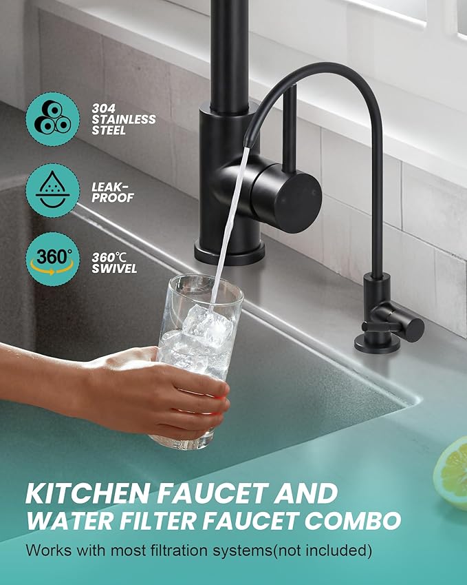 Kitchen Faucet and Water Filter Faucet: ARCORA Stainless Steel Kitchen Sink Faucet with Drinking Water Faucet - Black Single Handle Tap with Pull Down Sprayer for Kitchen Sink Farmhouse Bar