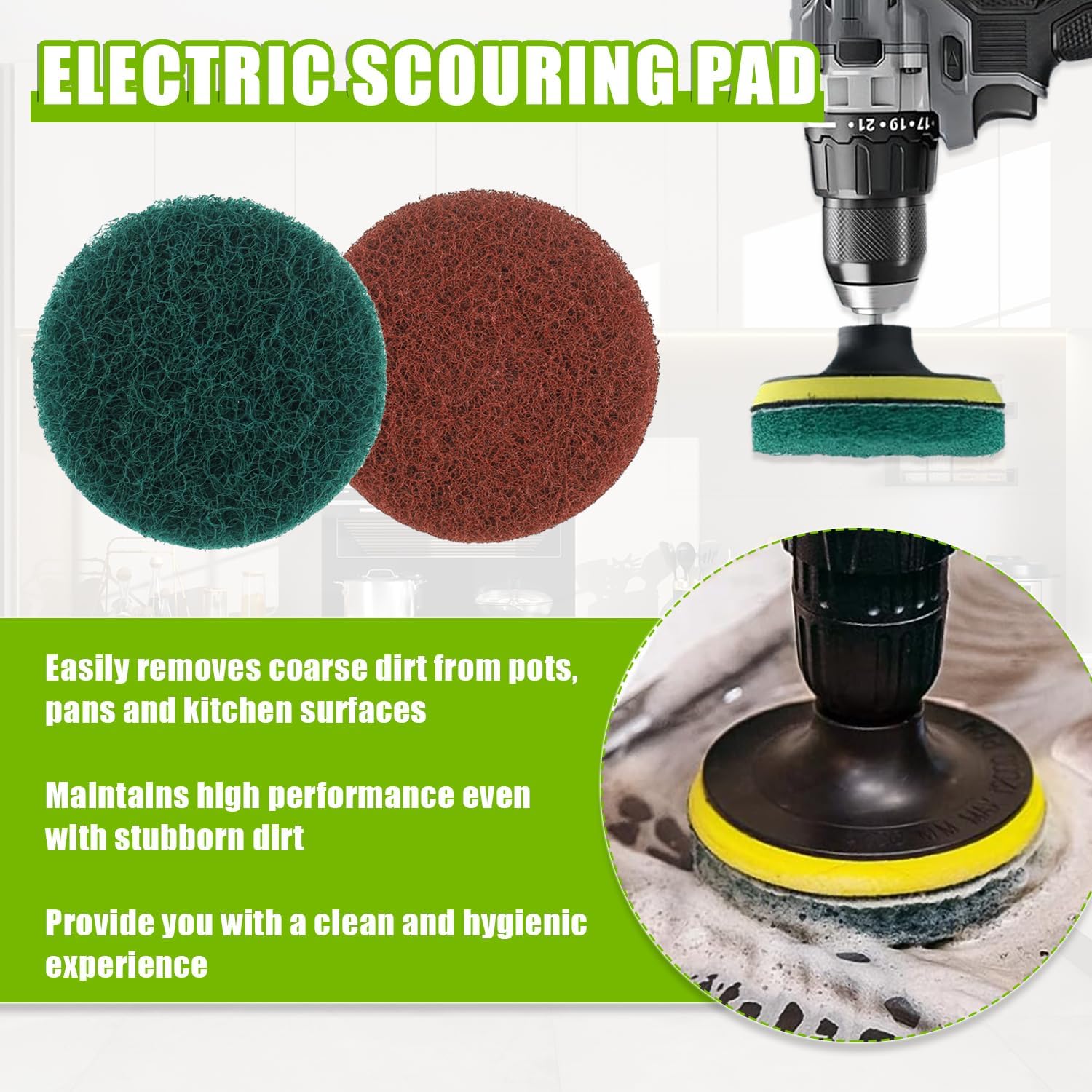 5 Inch Scrub Drill Brush Power Scouring Pads Household Cleaning Set for Kitchen Bathroom 4 Red Pads 4 Green Pads 1 Drill Attachment and 1 Universal Shaft
