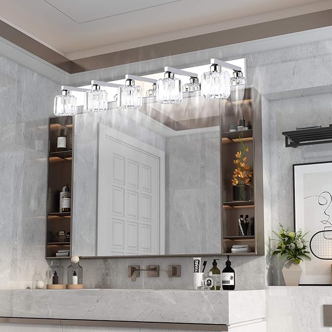 Aipsun Crystal Bathroom Vanity Light Stainless Steel Modern Vanity Light 5 Lights Crystal Bathroom Vanity Light Fixtures (Exclude Bulb)
