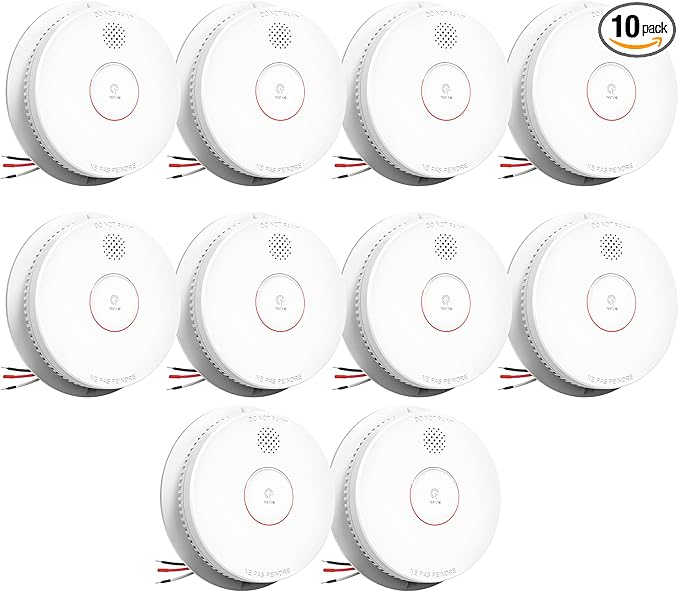 SITERWELL Smoke Detector, Hardwired Interconnected Smoke Detector, Photoelectric Smoke Alarm with 9V Backup Battery, Fire Alarm with Test/Silence Button, UL217-10th Listed, GS562A, 10 Packs