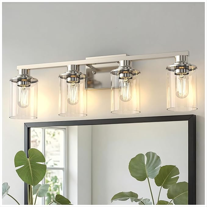DORESshop 4-Light Vanity Light Fixtures, Nickel Bathroom Light Fixtures Over Mirror with Clear Glass Shade, Modern Vanity Lights for Living Room Bedroom