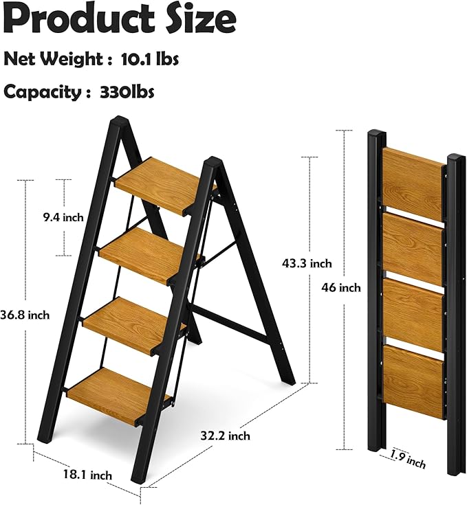 Taranta 4 Step Ladder,Aluminum Lightweight Folding 4 Step Stool with Anti-Slip Wide Pedal, 330lbs Capacity Step Ladder for Household,Kitchen,Office - BlackWoodgrain