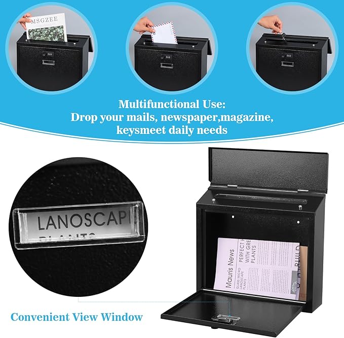 xydled Mail Boxes with Combination Lock,Locking Mailbox Wall Mounted,Security Metal Mailbox Drop Box, Modern Large Capacity,Steel Cover Metal Postbox for House Home Outside, Black, 14.2''x12.6''x4''