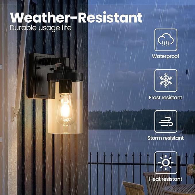 Outdoor Indoor Wall Sconce Set of 2, Modern Exterior Wall Lantern with Clear Glass, Black Outside Lighting Wall Mount for Porch Patio Bathroom Vanity