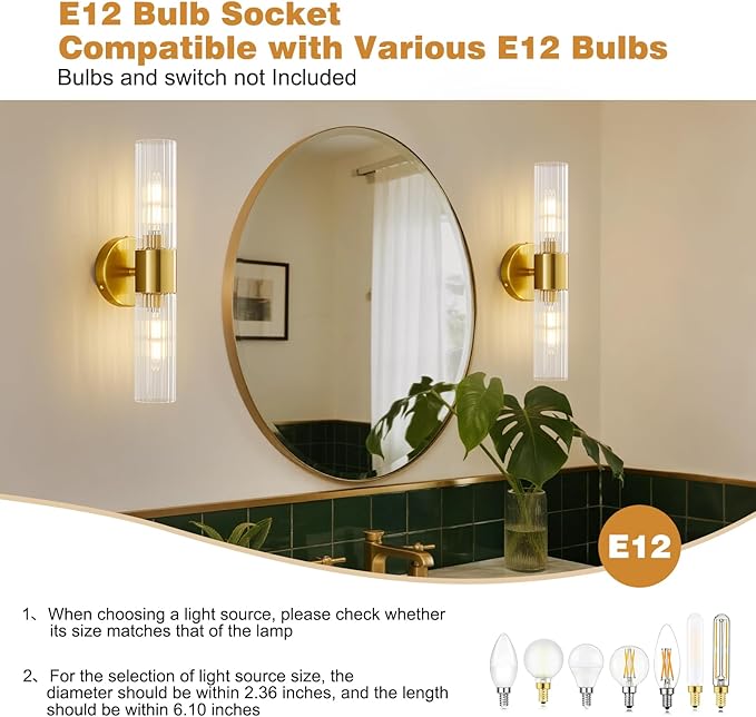 Bathroom Light Fixtures 2-Light, Modern Vanity Light for Bathroom, Wall Sconce, Bath Light with Glass Rods Shades for Mirror Bedroom Hallway (Brushed Brass)
