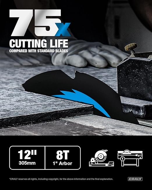 CRALY 12 Inch 8 Teeth Hardie Fiber Cement Circular Saw Blade, 1 Inch Arbor, Polycrystalline Diamond Tipped (PCD), Thin Kerf, Black Ice Coating, for Laminate Flooring(C1208FC)