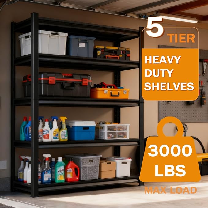 Metal Garage Storage Shelves Heavy Duty Shelving Unit 5 Tier Steel Adjustable Organizing Shelves 3000 LBS Capacity Industrial Shelving Ideal for Garage Tote Pantry Basement Outdoor, 63”Hx14”Wx12”D