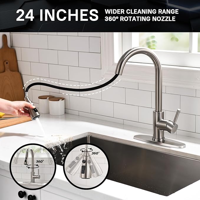 WEWE Kitchen Faucet with Pull Down Sprayer, Brushed Nickel Kitchen Sink Faucet Fits 1 or 3-Hole Kitchen Sinks, Single Handle Premium Stainless Steel, Suitable for RV, Farmhouse, Bar (Set of 2)