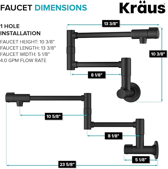KRAUS Bolden 2 Handle Pot Filler Faucet with Retractable Arm, Wall Mount Kitchen Faucet, Pot Filler for Over Stove in Matte Black, KPF-5003MB