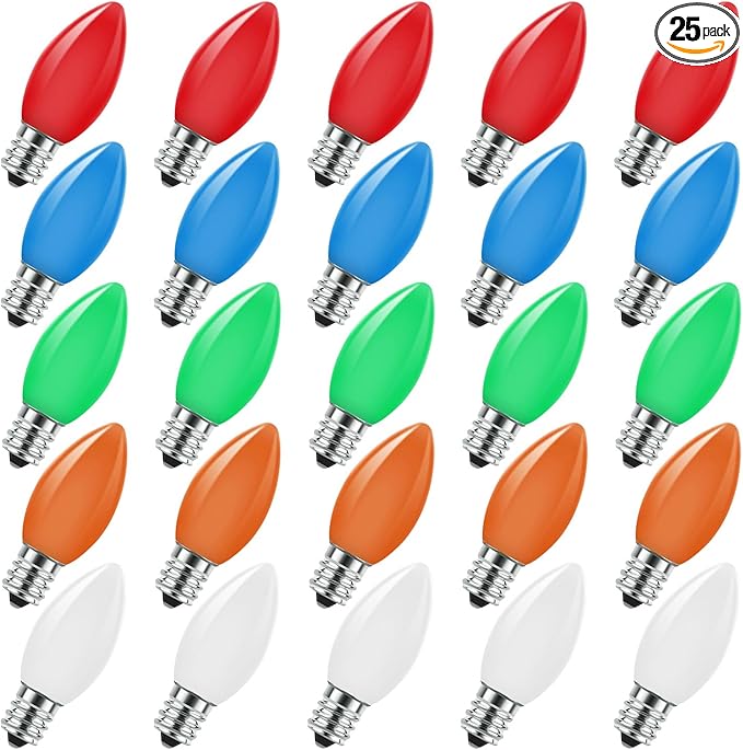 C9 Christmas Replacement Lights Bulbs, 25 Pack Multicolor Ceramic Light Bulbs for Christmas Outdoor Indoor String Light, Xmas Holiday Patio Party Decorations(E17 Socket Base 7w)