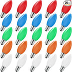 C9 Christmas Replacement Lights Bulbs, 25 Pack Multicolor Ceramic Light Bulbs for Christmas Outdoor Indoor String Light, Xmas Holiday Patio Party Decorations(E17 Socket Base 7w)