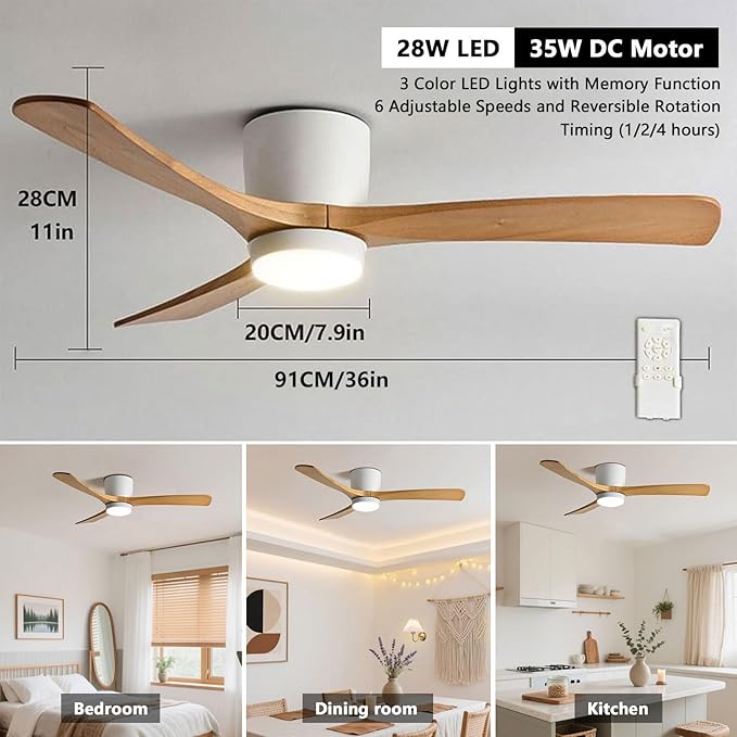 36in Quiet Ceiling Fans with Lights Remote ETL Listed White Ceiling Fan Light 6 Gear Wind Speed, Solid Wood Blades Modern Indoor Ceiling Fan for Bedroom Living Room Dining Room