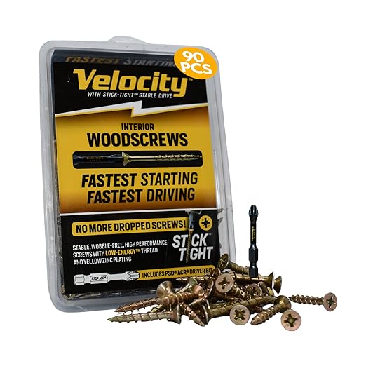 Velocity Interior 1 1/2 Inch Wood Screws DIY Pack (Size #10, 90 Pcs) – Zinc and Yellow Coating, Stick-Tight Technology, Screw for Wood Working with PSD ACR Driver Bit