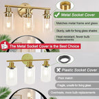 3-Light Gold Bathroom Light Fixtures, Modern Bathroom Vanity Light with Clear Glass Shade, Brushed Gold Bath Wall Mount Lights, Wall Lamp for Mirror Kitchen Bedroom Hallway Living Room Hallway