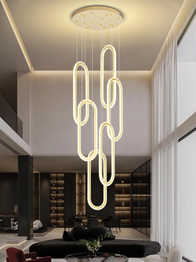 Flashing God Modern Chandelier,Gold Chandeliers 6 Ring Led Foyer Chandeliers,Larger High Ceiling Chandelier for Living Room,Rectangle Chandelier for Entryway Staircase