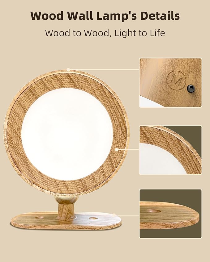 LED Wall Mounted Lights, Rechargeable Wall Sconces Lamp, 3 Color Temps & Remote and Touch, 360°Rotation Dimmable Cordless Wall Light for Study Bedroom Reading Bedside(Wood, 1 Pack)