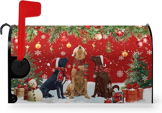 Christmas Retriever Dog Tree Magnetic Mailbox Cover Standard Size 21X18 Winter Covers Snowman Red Green Xmas Holiday Mailbox Letter Box Wraps Covers for Outside Garden Yard Outdoor Decorations