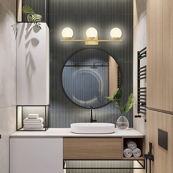 New Bathroom Vanity Light Fixtures 3 Lights Brushed Brass Glass Shade Modern Wall Bar Sconce Over Mirror