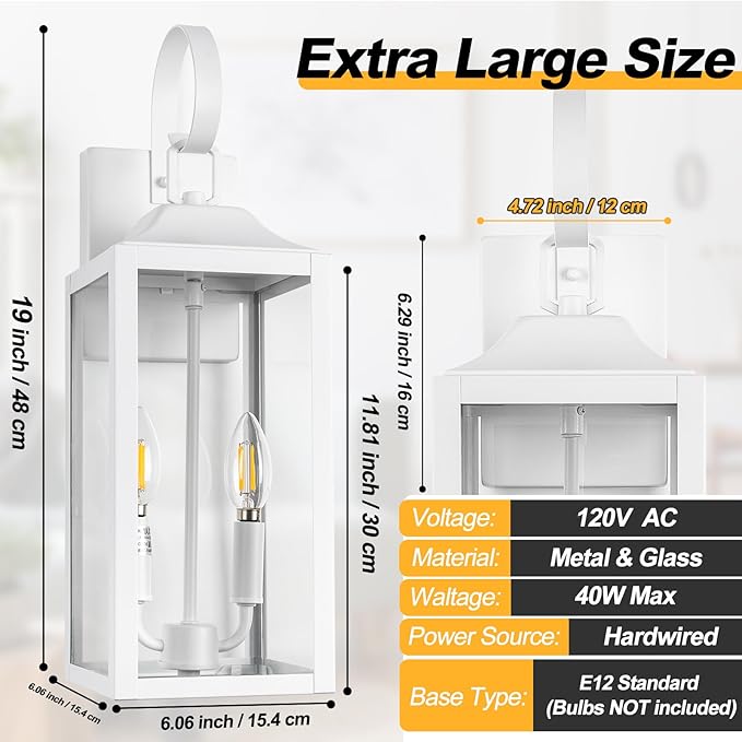 White Dusk to Dawn Outdoor Wall Lantern 2-Light, 19" Large Outside Modern Wall Sconce Light Fixture, Industrial Porch Light Wall Mount with Glass, Waterproof Farmhouse Exterior Lamp Lighting