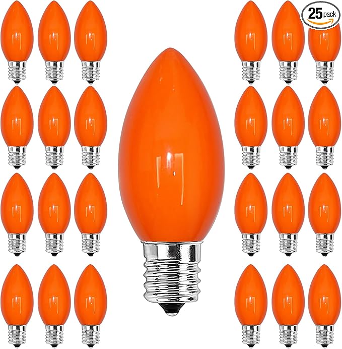 25 Pack C9 Incandescent Light Bulbs, C9 Ceramic Orange Replacement Bulb for Halloween Christmas String Lights, C9/E17 Candelabra Base, 7 Watt
