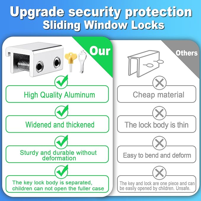 Sliding Window Locks (2 Sets), Secure Window Lock with Key, Window Locks for Up and Down Windows & Horizontal Sliding Windows, Adjustable Window Lock, Sturdy and Durable, Does Not Deform.