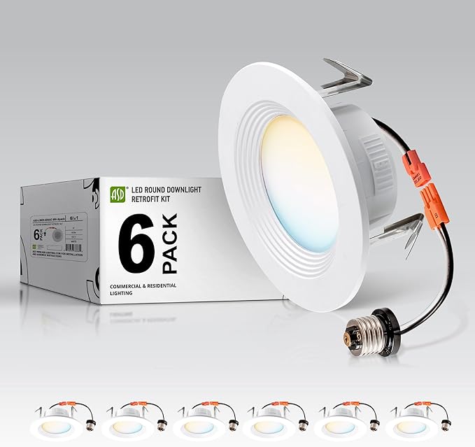 ASD Retrofit LED Recessed Lighting 4 Inch | 9W 700 Lm Wet Rated Dimmable Ceiling Downlights | 2700K-5000K Adjustable CRI90 White Room Recessed Light Fixtures | LED Can Lights, UL Listed 6 Pack