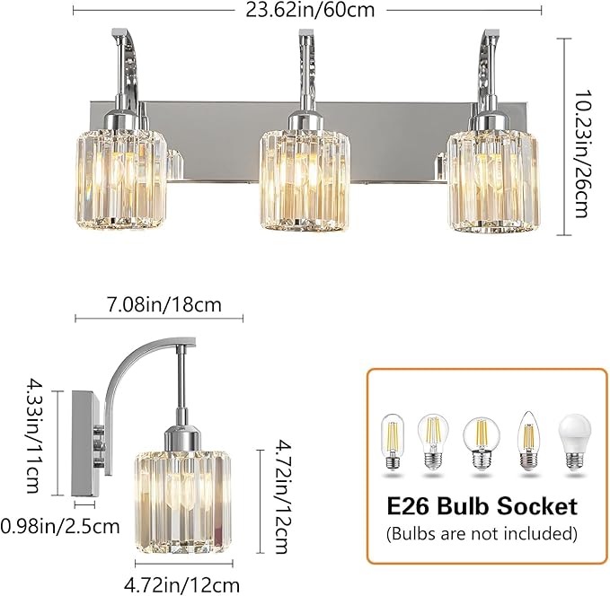 3-Light Crystal Vanity Light, Modern Chrome Bathroom Wall Sconce with K9 Crystal Shades, 23.62" Long Over Mirror Lighting for Vanity, Makeup, Hallway, Elegant & Durable