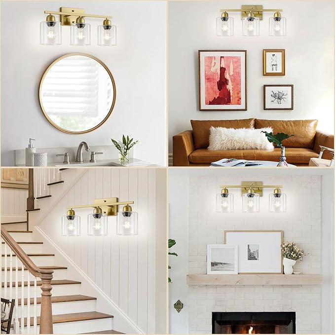 Modern Brushed Gold 3 Light Bathroom Light Fixtures, 19 inch Vanity Lights for Bathroom with Clear Glass for Mirror Kitchen Living Room Hallway Cabinet Porch