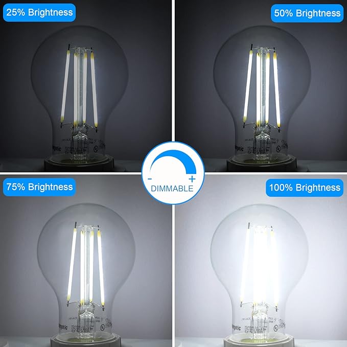 Energetic Dimmable LED Filament Light Bulbs, 8W, 60 Watt Equivalent, Daylight 5000K, Classic Clear Glass, A19 LED Light Bulb, 6 Pack