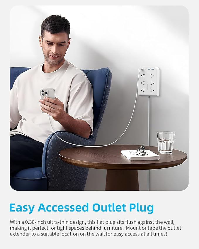 5 FT Flat Plug Extension with 4 USB(2 USB C), 6 AC Outlets Multiple Plug Expander Wall Charger, Ultra Thin Extension Cord, Power Strip Surge Protector for Home Office Kitchen. White