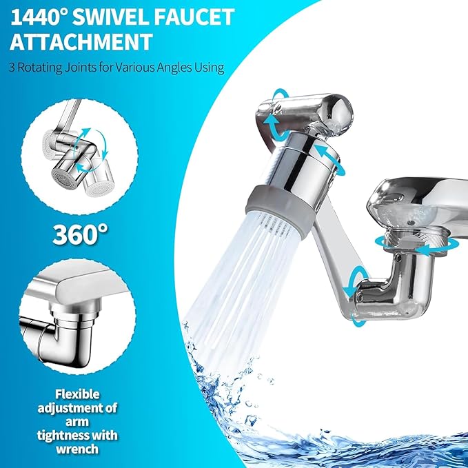 Rotatable Faucet Aerator Extension, Universal U-Shaped Faucet Extender with 1440° Swivel, 2-in-1 Anti-Splash Aerator for Kitchen Sink & Bathroom Faucet