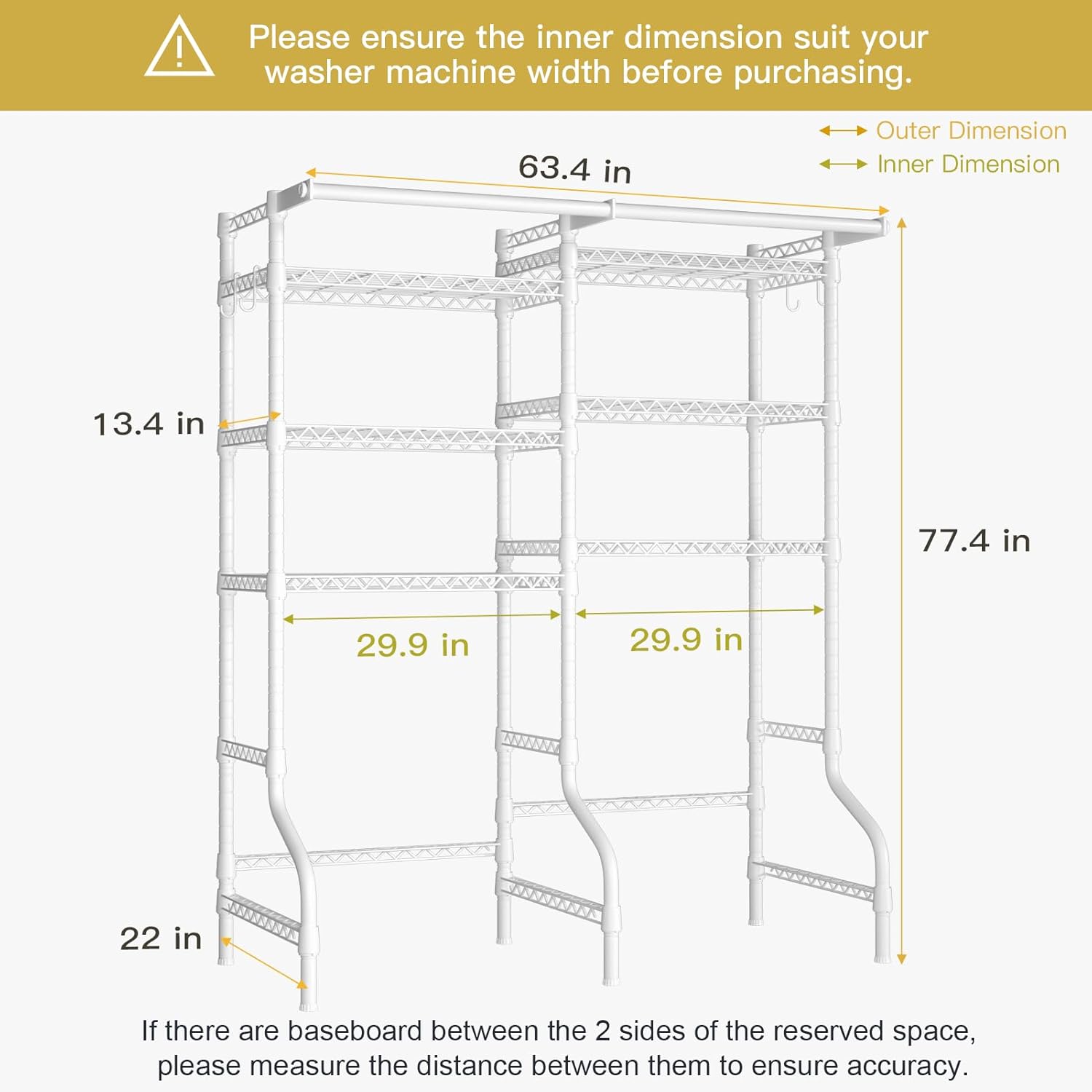 Ulif U13 Over Washer and Dryer Storage Shelves, 6 Tiers Laundry Room Standing Shelf with 2 Hanger Rods, Space Saver Clothes Drying Rack, 63.4" W x 22" D x 77.4" H, White