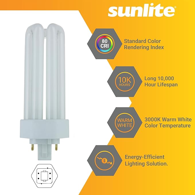 Sunlite PLT26/E/SP CFL Plug-in PLT 4-Pin Triple Tube, 26 Watts, 4-Pin GX24q3 Base, 1800 Lumens, 3000K Warm White, 10 Pack