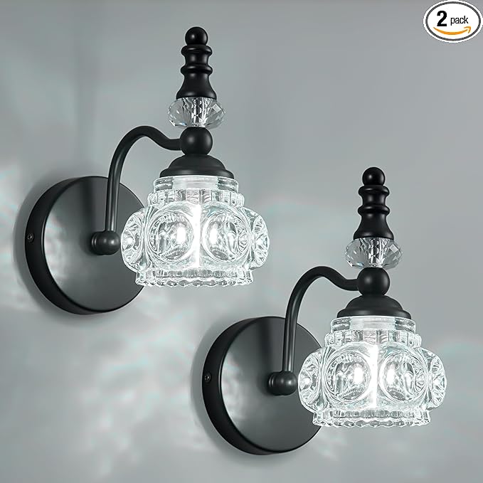 Modern Wall Sconces Set of Two Black Vintage Indoor Glass Wall Lamp Bathroom Vanity Light Fixture Wall Mounted Room Sconce Wall Lighting