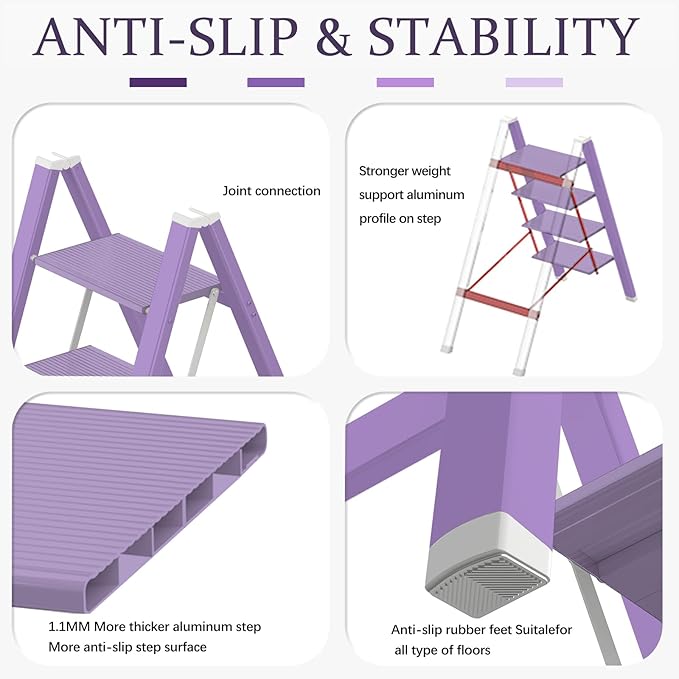 Lightweight Folding Step Ladder Household, Aluminum 4 Step Ladder Foldable for Home, Sturdy Step Stool for Adults 330 Lbs - Purple