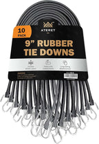 ATERET Rubber Bungee Cords with Hooks I 9 Inch, 14" Max Stretch I Heavy-Duty Black Tie Down Straps for Outdoor, Tarp Covers, Canvas Canopies, Motorcycle, and Cargo, Pack of 10