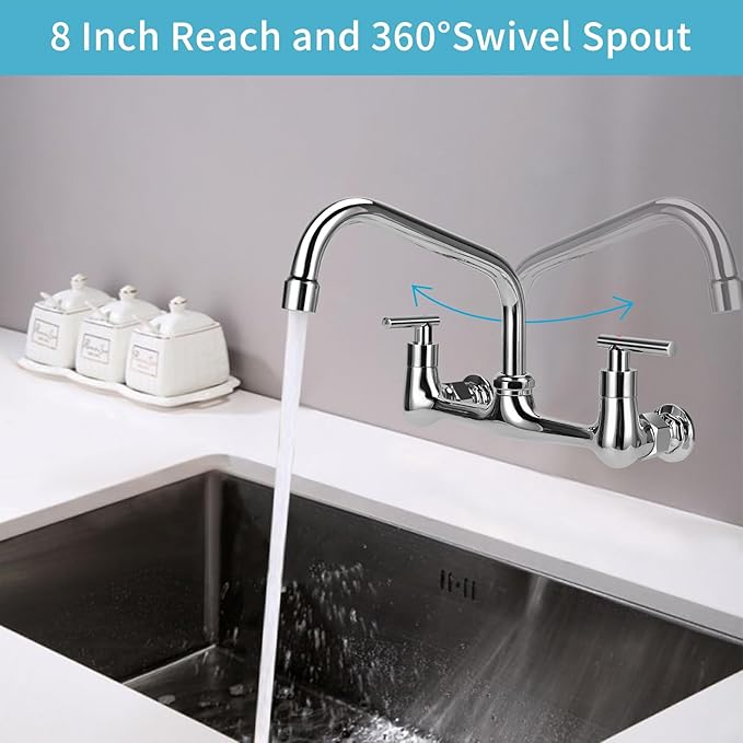 8" Center Wall Mount Faucet, Commercial Kitchen Sink Faucet with 8" Swivel Spout 2 Handle Wall Mount Utility Sink Faucet for Restaurant & Laundry Room & Compartment Sink