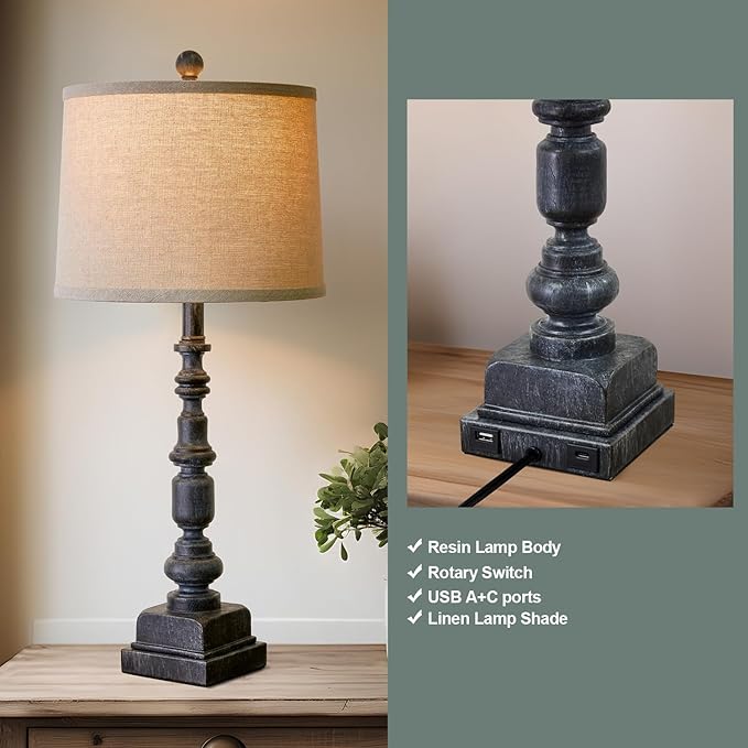 Oneach 27.75” Vintage Farmhouse USB A+C Table Lamps Set of 2 for Living Room Bedroom Traditional Bedside Nightstand Lamp Retro Resin Lamps Linen Shade Nightstand Home Office Antique Black Accent
