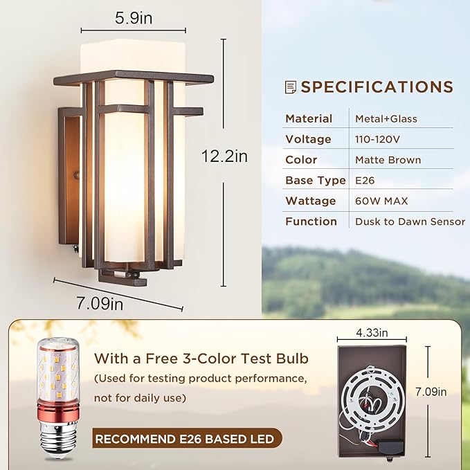 Oil Rubbed Bronze Porch Light Dusk to Dawn Outdoor Sconce Matte Brown Wall Lantern with Frosted Glass Outside House Lighting Waterproof Exterior Light Fixture for Patio Yards Garage Front Door