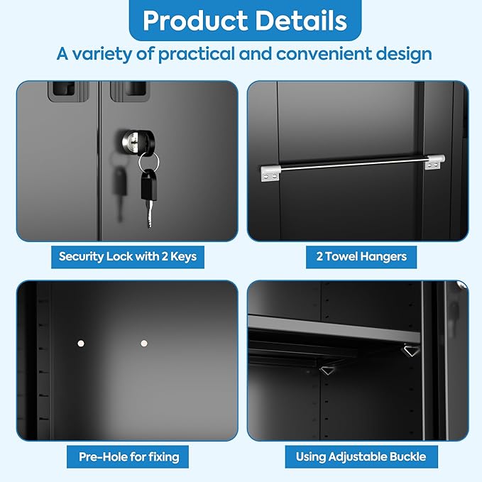 Garage Storage Cabinet with Wheels and 5 Pegboard, Broom Closet Storage Cabinet with Hanging Rod and 13 Hooks, Metal Cabinets with 4 Shelves for Garage, Home, 71"H x 31.5"W x 15.75"D, Black