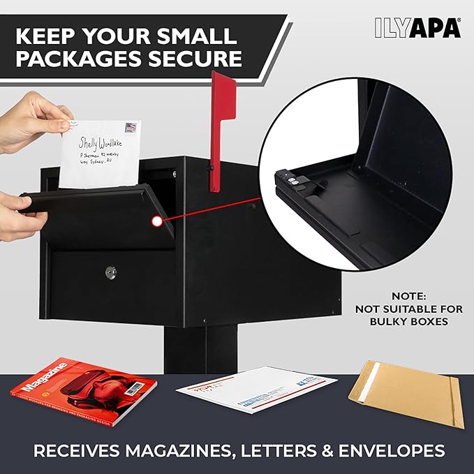 Ilyapa Locking Mailbox for Outside with Lock & Key - Modern Mailboxes for Outside Post Mount, Black Powder Coated Steel Heavy Duty Curbside Mail Box