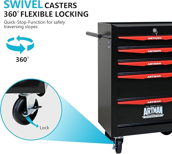 5 Drawers Rolling Tool Box on Wheels, Multifunctional Tool Chest Cabinet with Lock, Drawers Rolling Tool Cart Trolley Organizer Tool Storage Case for Warehouse,Garage,Workshop (Black&Red)