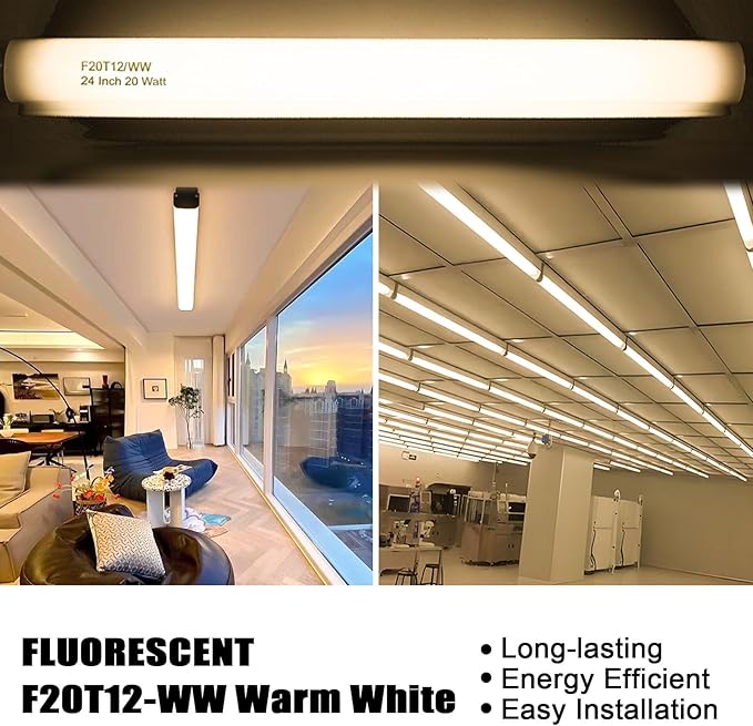 F20T12/WW 20 Watt Soft Warm White, T12 Fluorescent Tube Light Bulb 20W 24 Inch, 2Ft F20T12/DSW/RP Replacement for F20T12 F20T12KB/ECO/RVL F20T12KB/ECO F20T12/SPX30 1250Lm G13 4 Count