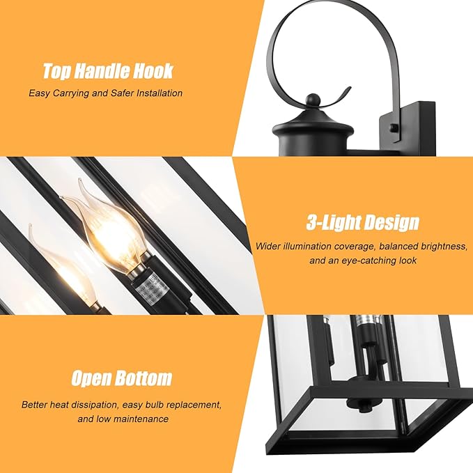 24" Extra Large Outdoor Wall Light Fixture 2-Pack, Black 3-Light Modern Porch Lantern, Waterproof Exterior Lighting Sconce Wall Mount, Outside Lamp for House Garage Patio E12 Base