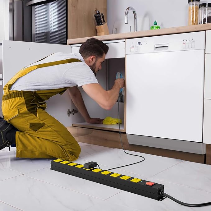 10 Outlet Metal Power Strip with 2100J Surge Protector, Heavy Duty 6FT Extension Cord, Wide Spaced Outlets and Wall Mount for Garage, Workshop, Industrial, Home, Ideal Gift for Father (6ft)