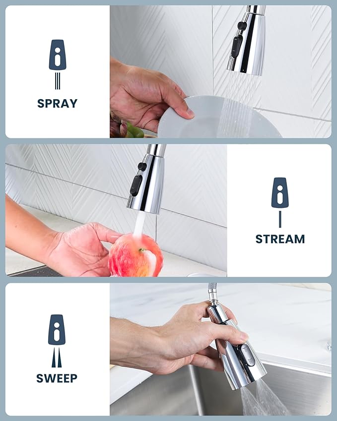 ARCORA Kitchen Faucet Spray Head Chrome, 3-Function Kitchen Sink Spray Nozzle with 9 Adapters, Kitchen Faucet Head Replacement Compatible with Moen, Delta, American Standard Faucets